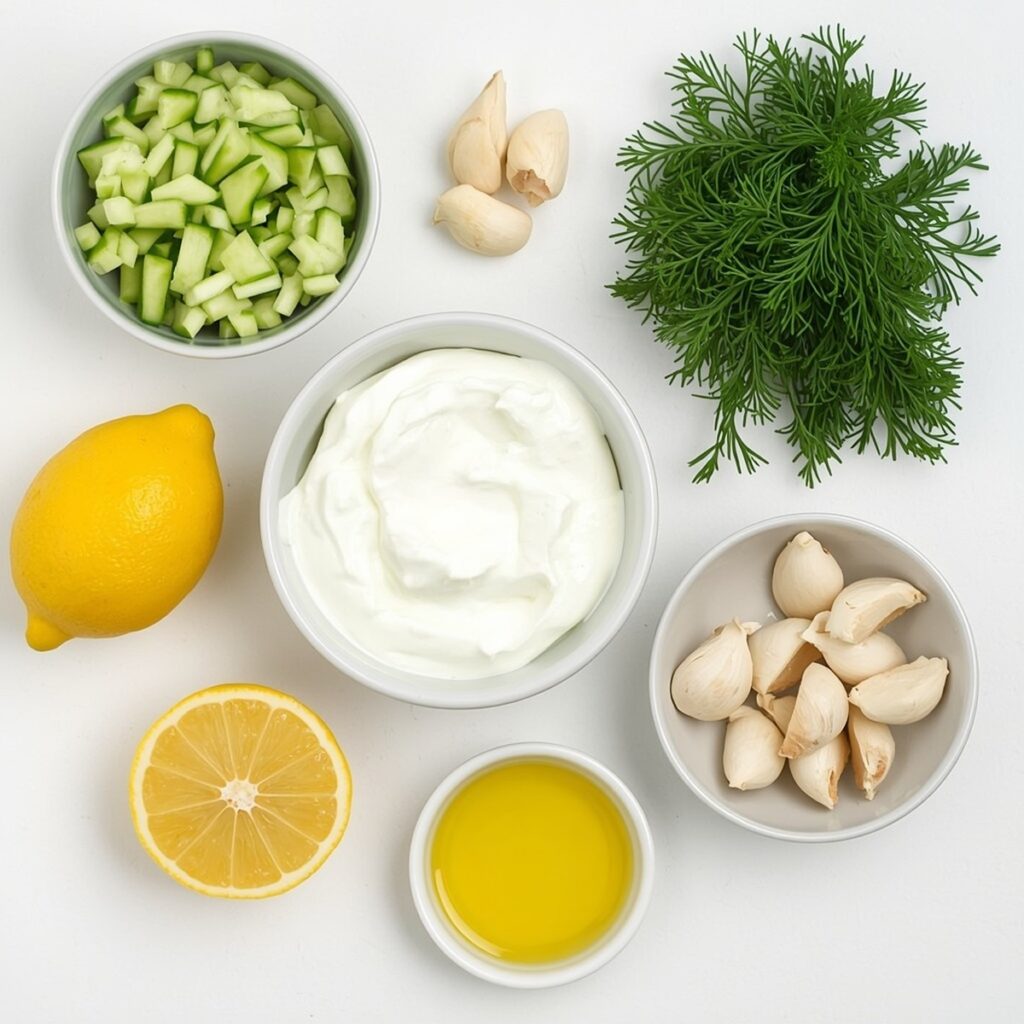 Flat lay of tzatziki sauce ingredients including cucumber, Greek yogurt, garlic, lemon, dill, and olive oil in individual bowls, no text, no labels, no packaging, no brand names, no background drinks or glasses of liquid