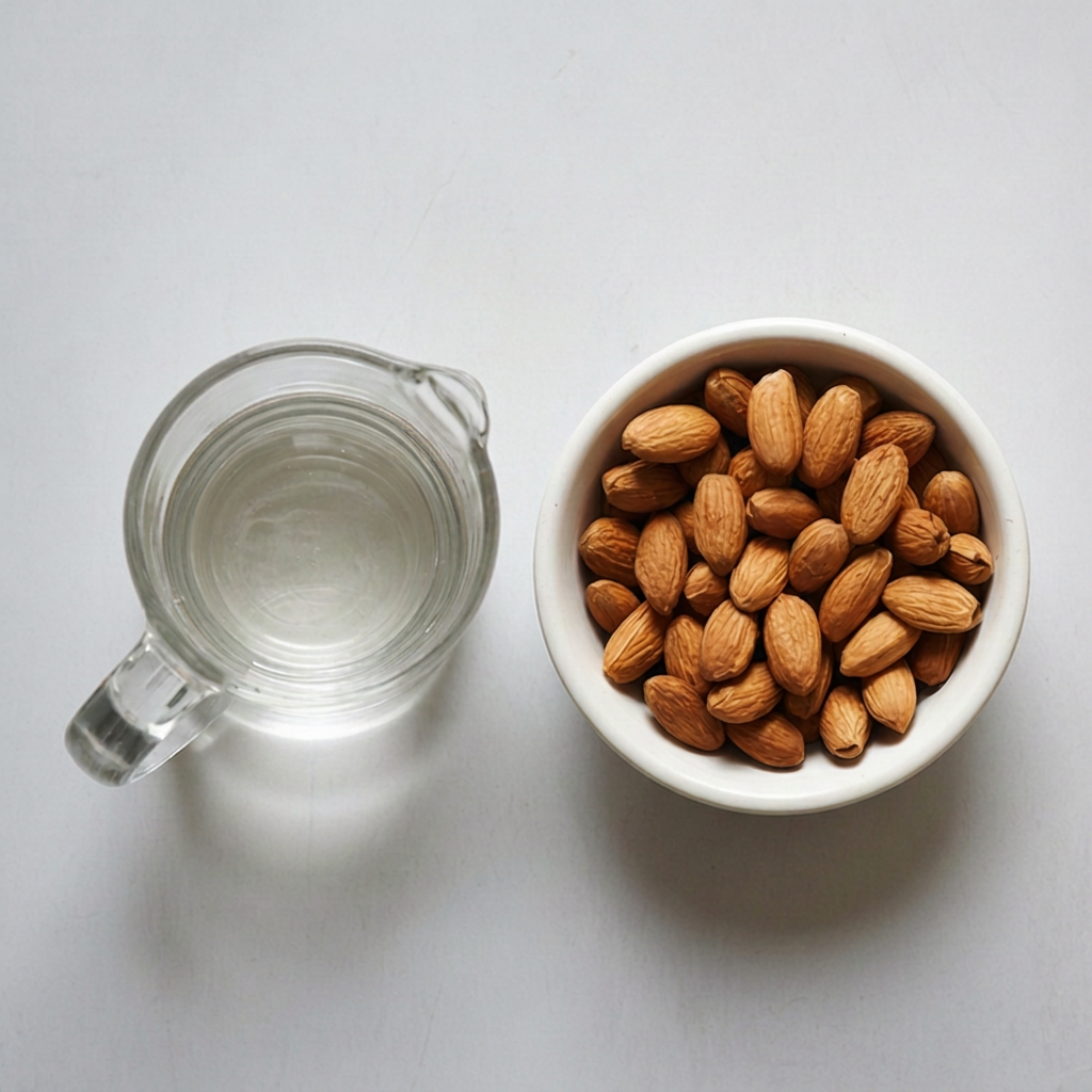Flat lay of almond milk ingredients including raw almonds, water, and a nut milk bag