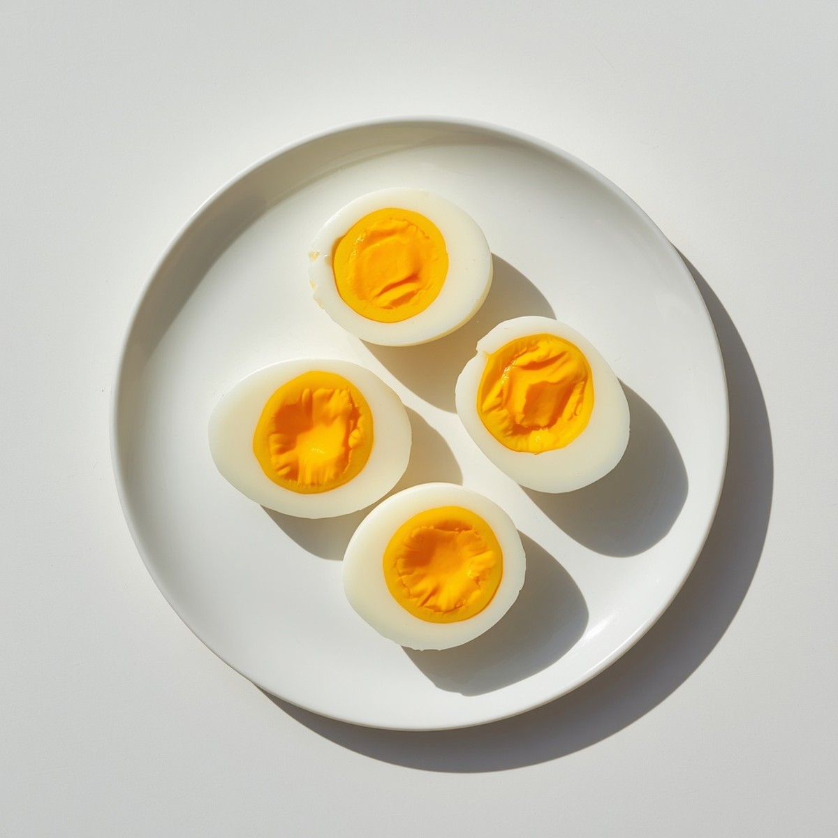 Instant Pot hard boiled eggs halved on a plate, smooth bright yellow yolks with no green ring, made using the 5-5-5 method