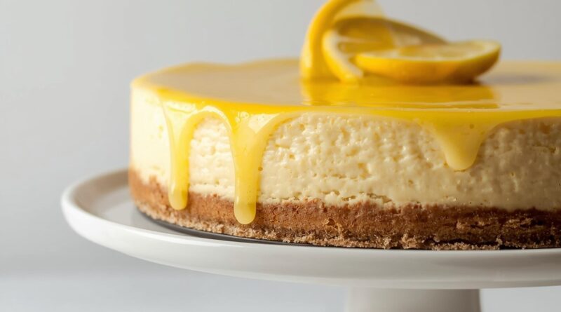 Lemon cheesecake recipe — side angle view showing lemon curd topping and graham cracker crust