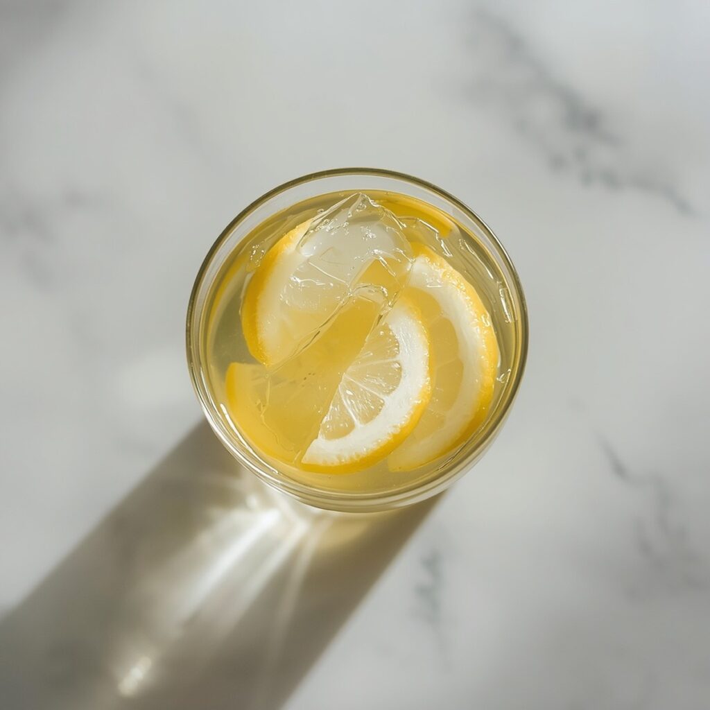 A clear glass of lemon water with fresh lemon slices floating in it, sitting on a kitchen counter in soft morning light
