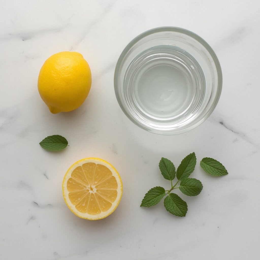 Ingredients for lemon water benefits  laid out — a whole lemon, a cut lemon half, a glass of water, and mint leaves on a countertop