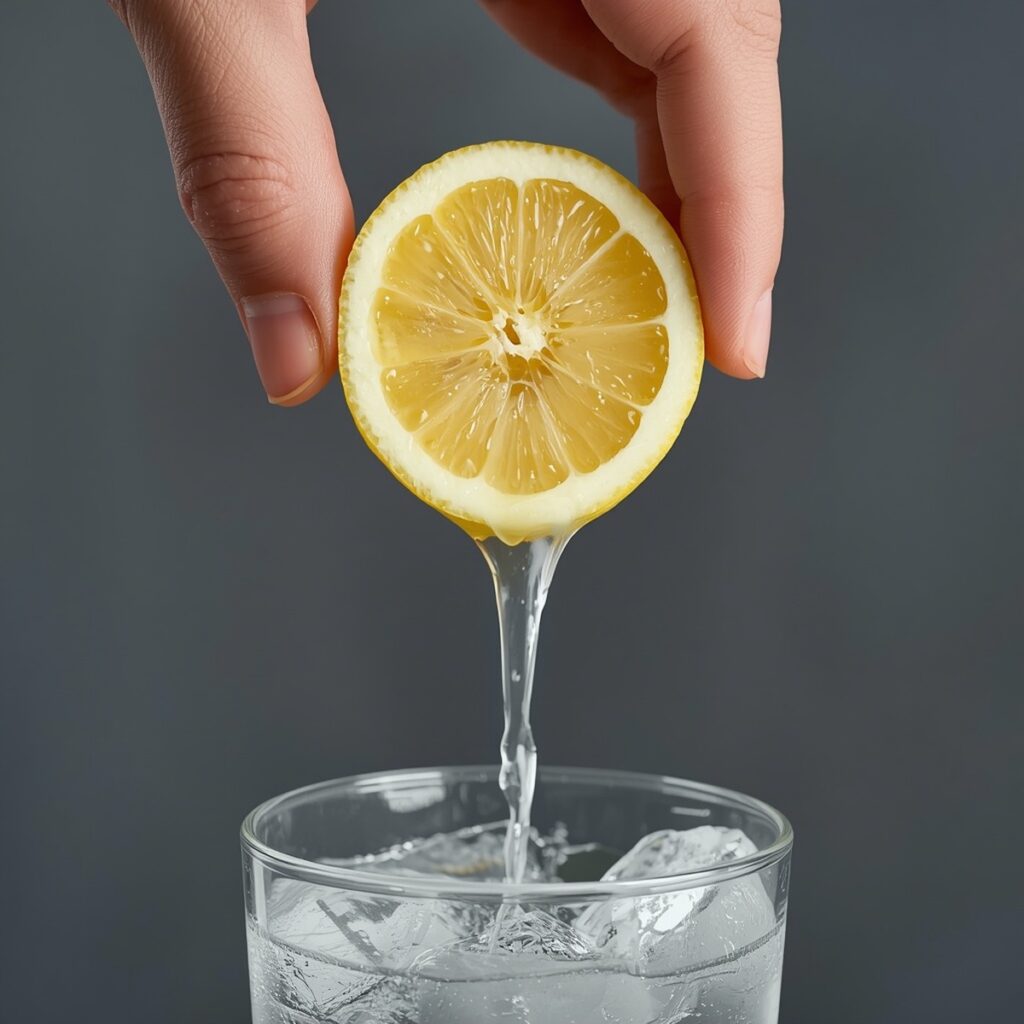Close-up of a hand squeezing a fresh lemon half over a glass of water