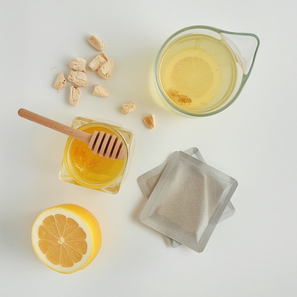 Flat lay of Starbucks Medicine Ball ingredients including lemonade, honey, and two tea bags, no text, no labels, no packaging, no brand names, no background drinks or glasses of liquid