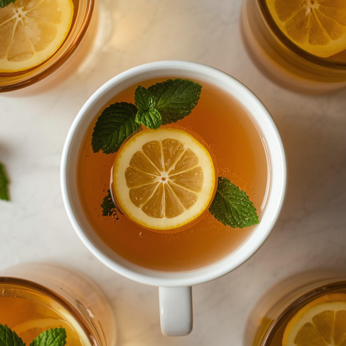 Starbucks Medicine Ball Recipe — close-up of tea with lemon and mint in a white mug