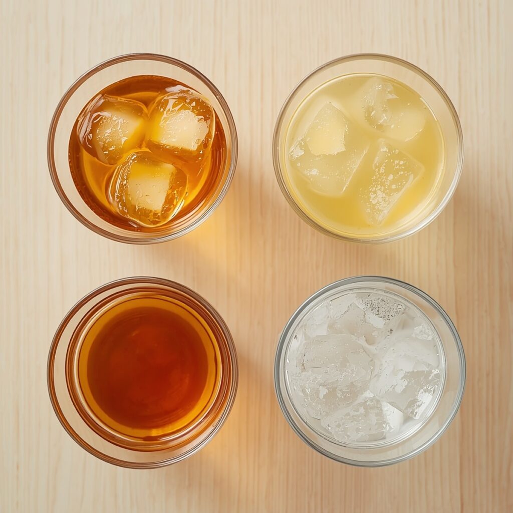 Four small glasses showing the base, acid, sweetener, and fizz components used to build a mocktail