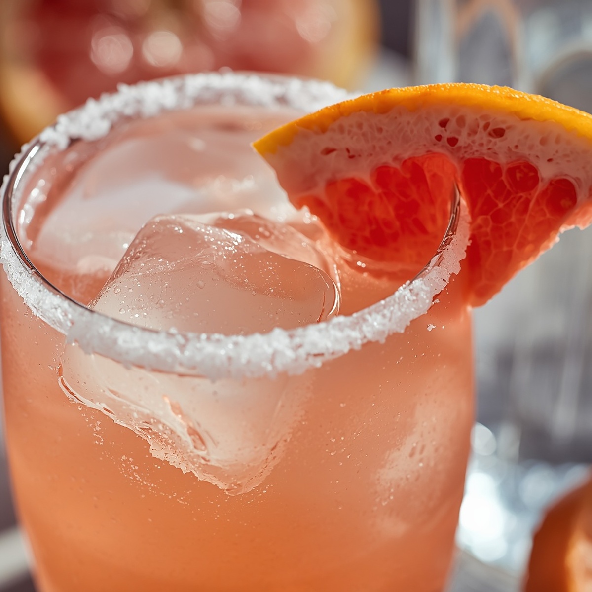 Paloma mocktail with a salted rim and grapefruit garnish
