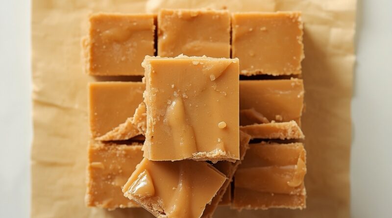 Peanut butter fudge with marshmallow fluff squares stacked on parchment paper, smooth golden-tan color