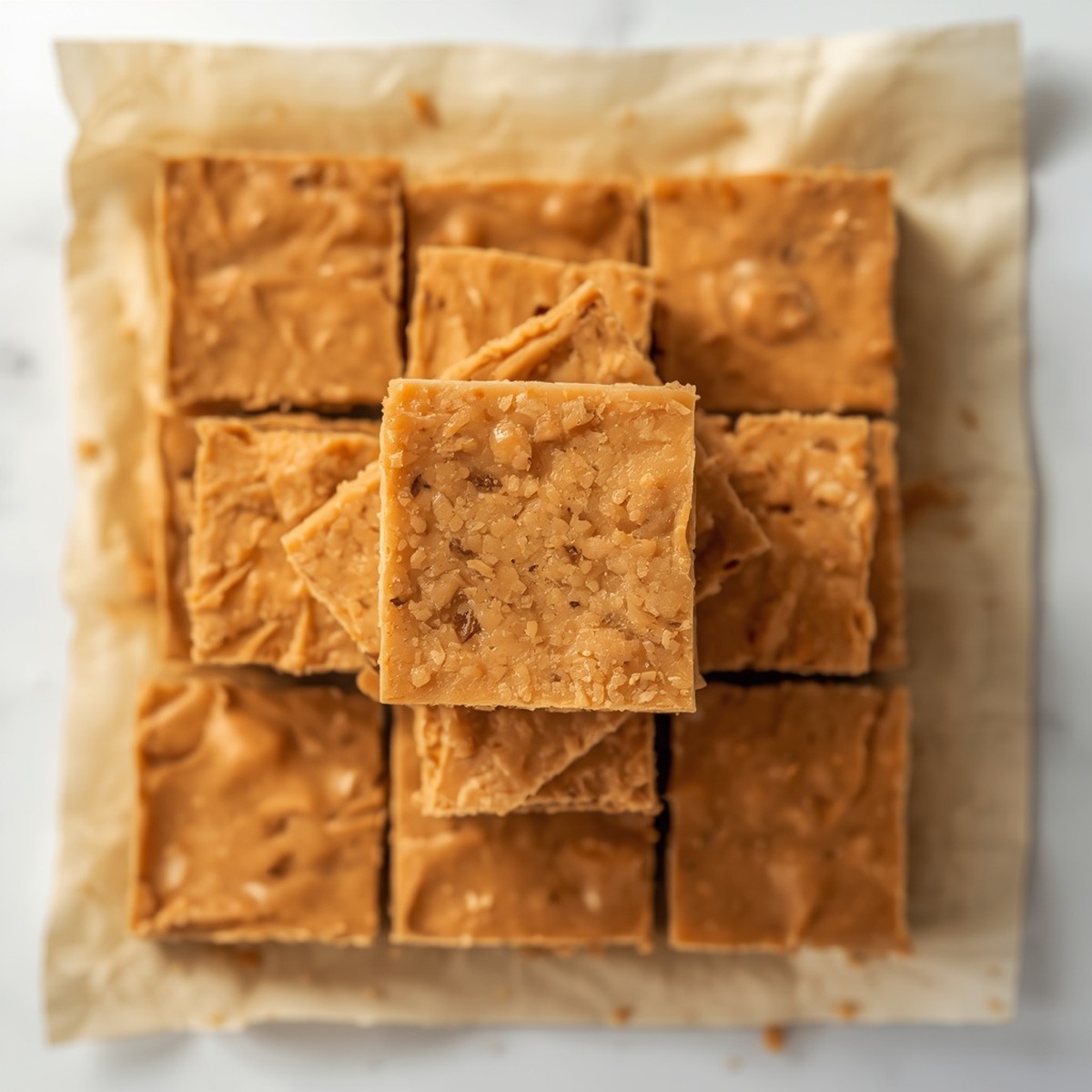 Peanut butter fudge with marshmallow fluff squares stacked on parchment paper, smooth golden-tan color