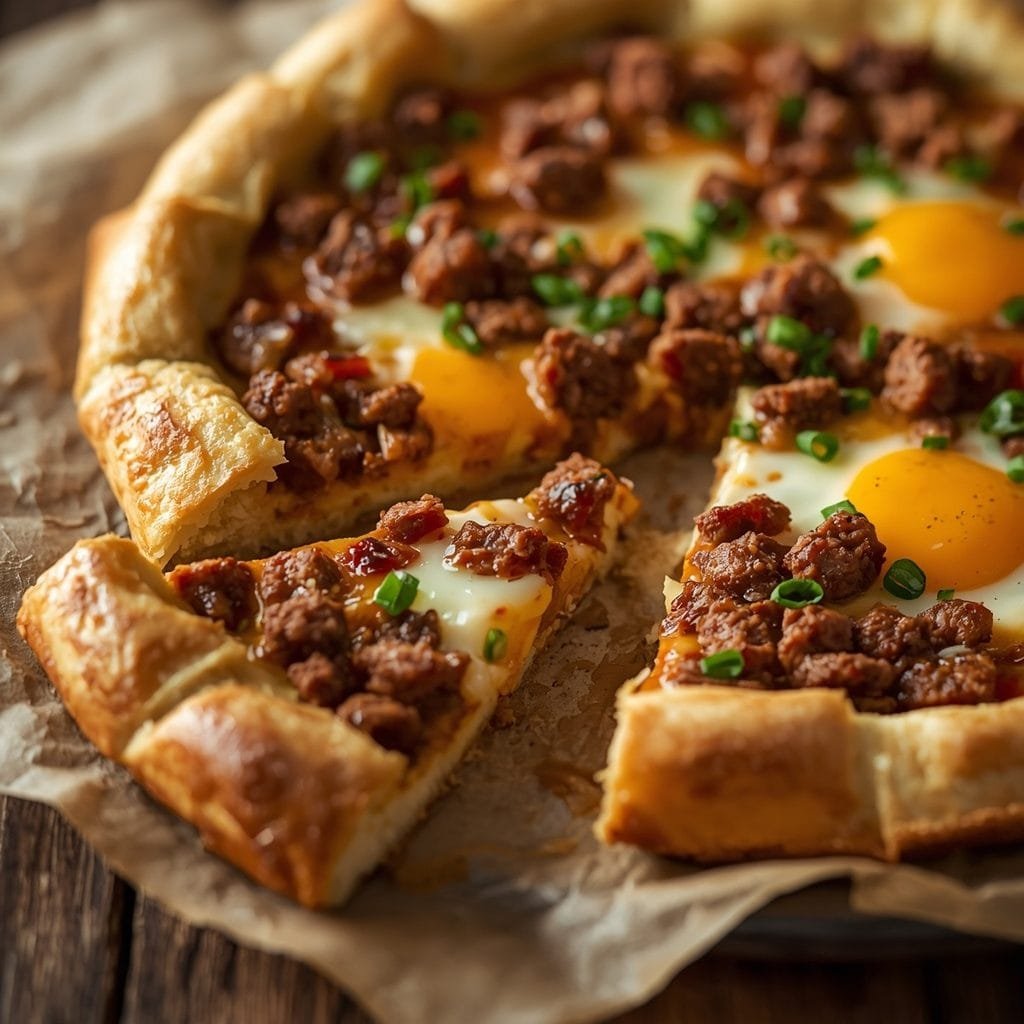 A baked breakfast pizza with puff pastry topped with egg, turkey sausage, and melted cheese, one slice cut