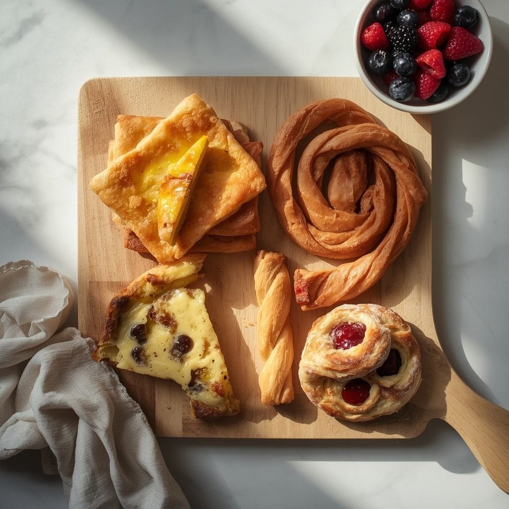 breakfast recipes including quiche squares, breakfast pizza, and cinnamon twists on a wooden board