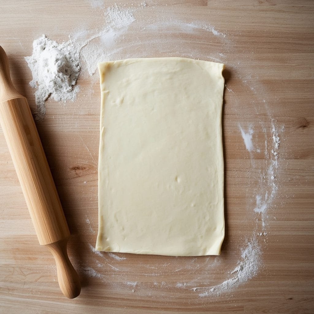 A sheet of puff pastry dough being unfolded on a floured countertop before baking
