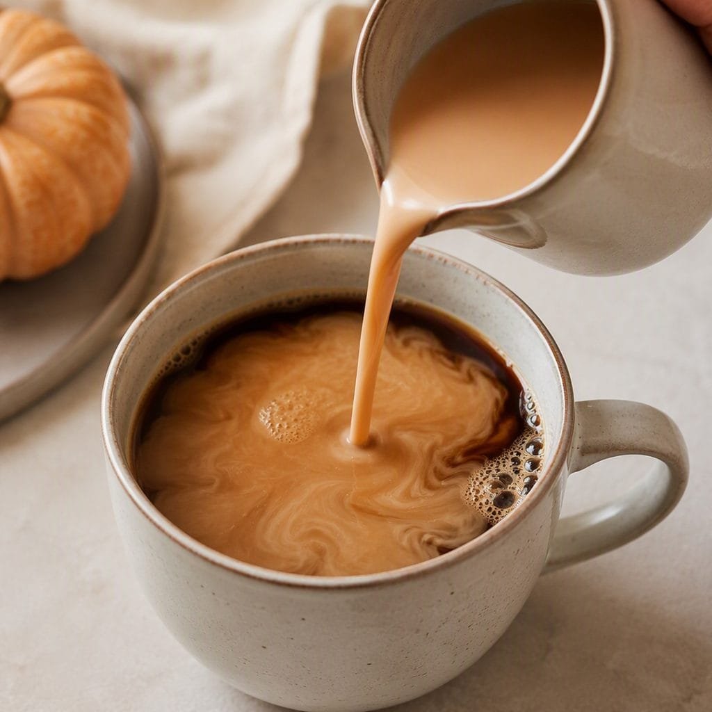 Pumpkin spice creamer being poured into a cup of coffee