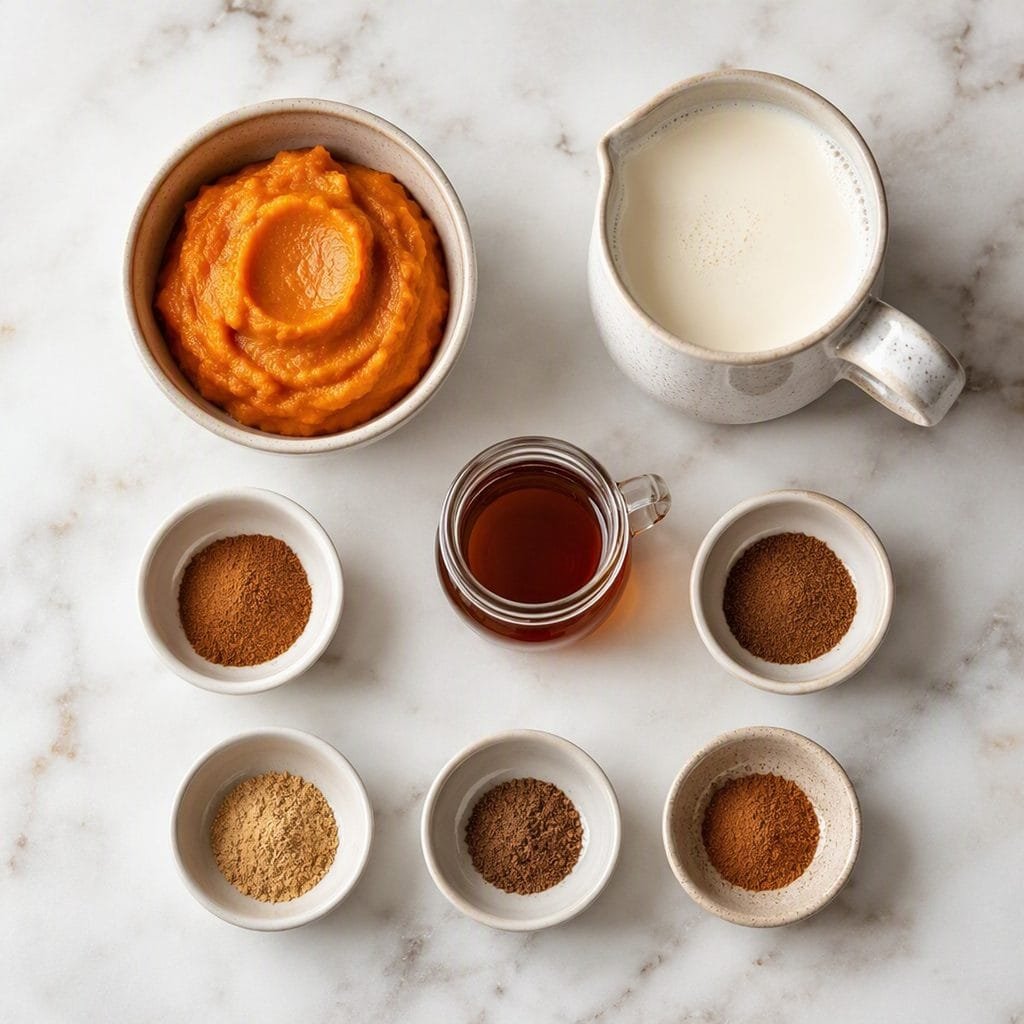 Ingredients for pumpkin spice creamer laid out: pumpkin puree, cream, maple syrup, and spices
