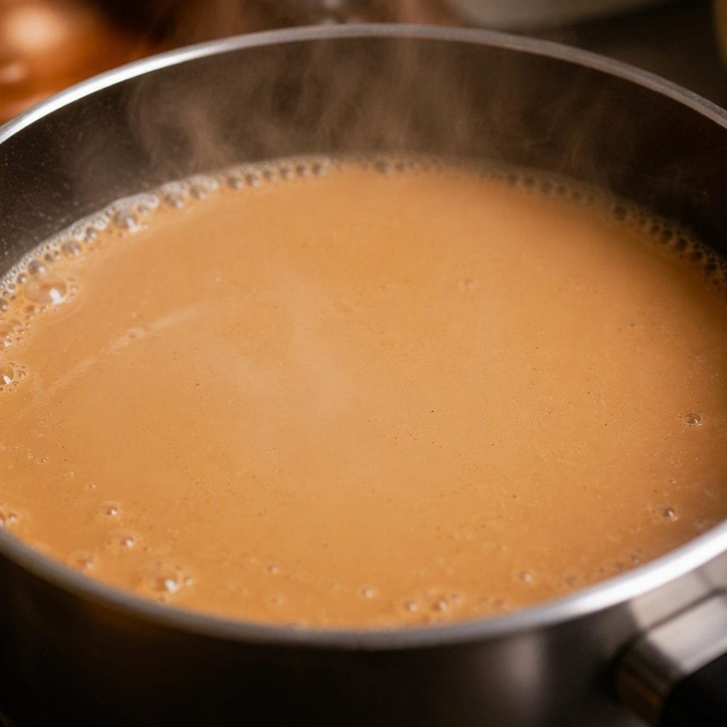 Pumpkin spice creamer simmering and steaming in a saucepan