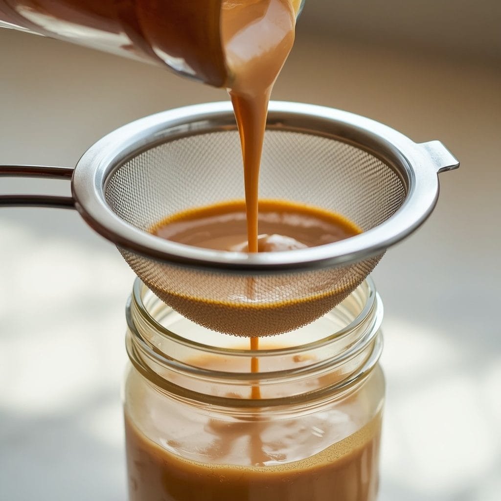 Pumpkin spice creamer recipe being strained into a glass jar