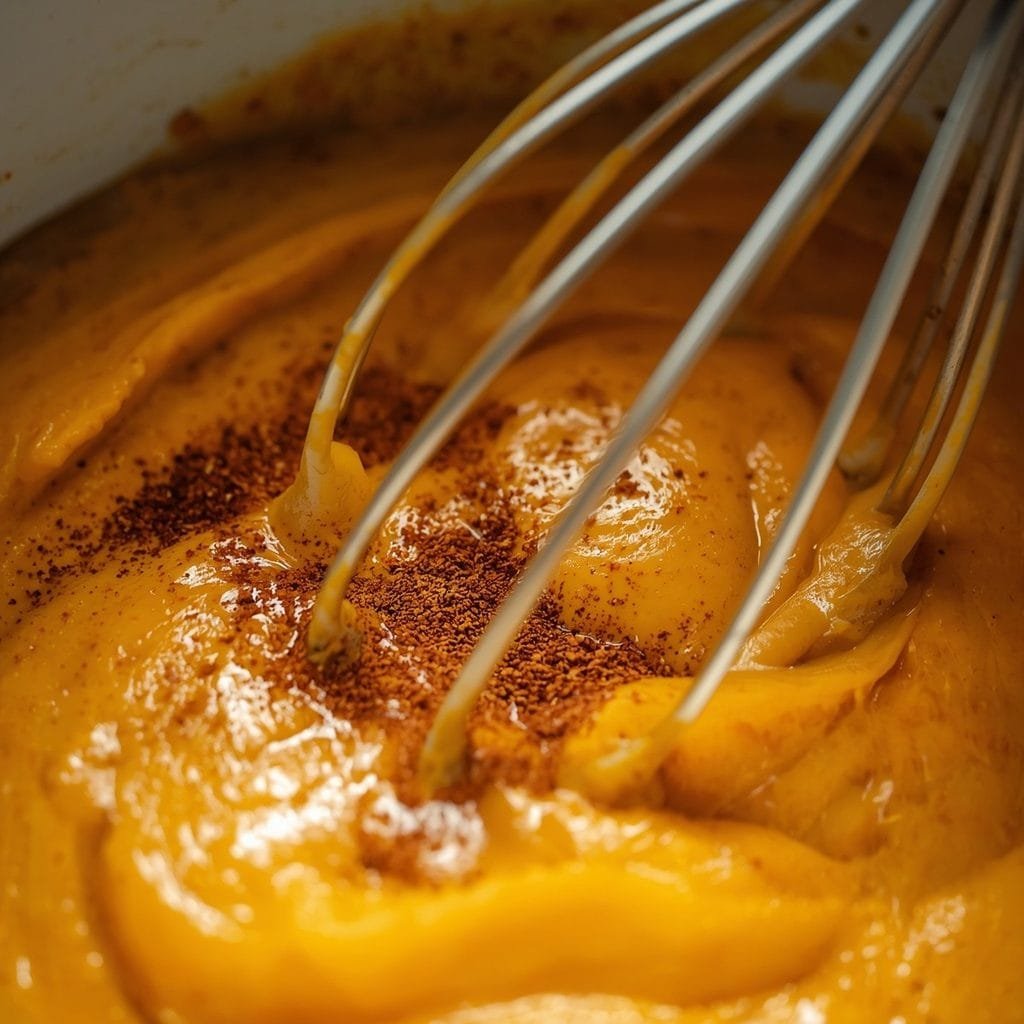 Pumpkin puree and cream being whisked into the toasted spices
