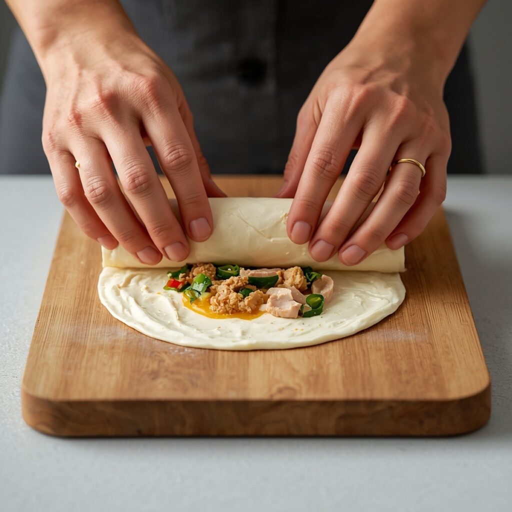 filled egg white wrap being rolled up on a wooden board
