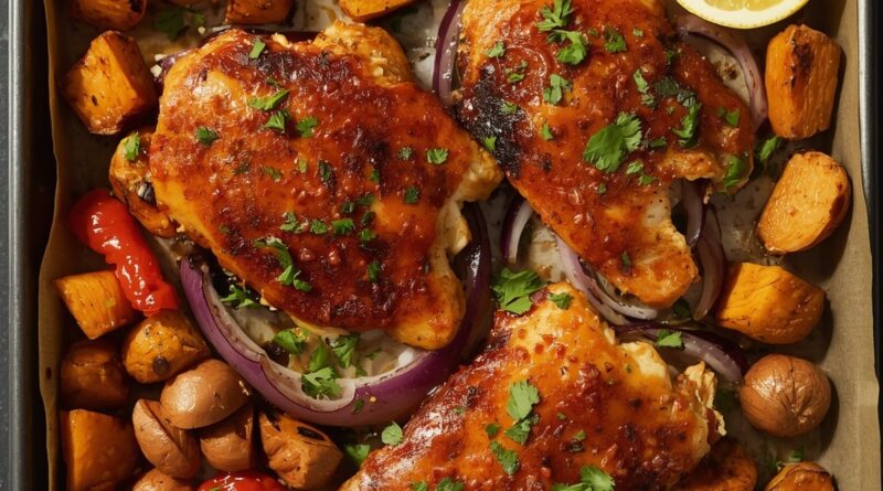 Sheet pan chicken and sweet potatoes with harissa, glazed chicken thighs and roasted vegetables fresh from the oven, garnished with parsley and lemon