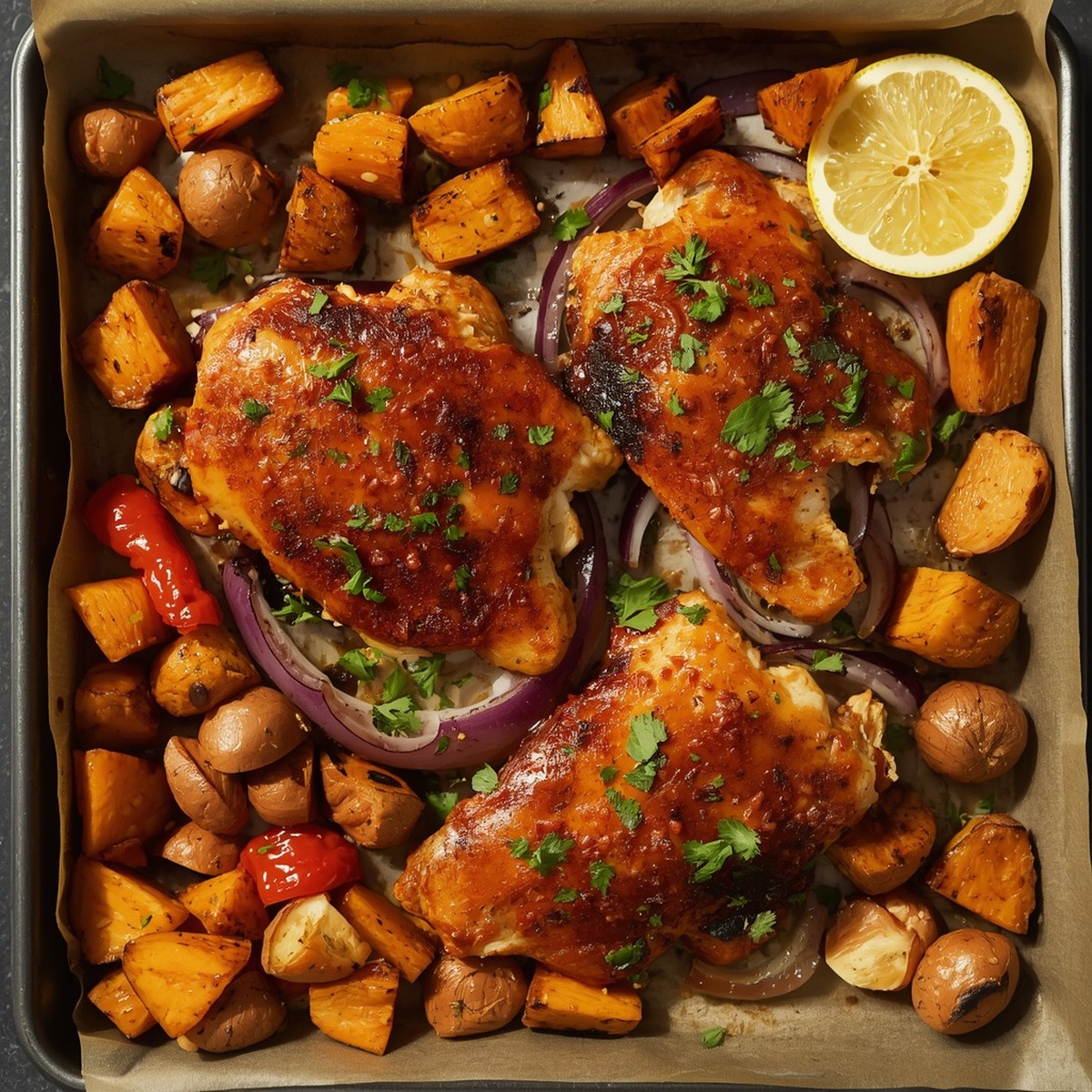 Sheet Pan Chicken and Sweet Potatoes: Real Harissa Marinade