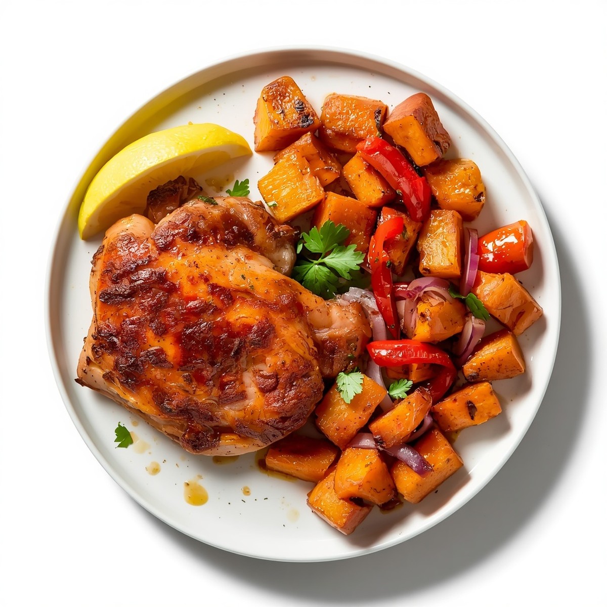Sheet pan chicken and sweet potatoes with harissa, glazed chicken thigh, roasted sweet potato, red bell pepper, and red onion on a white plate