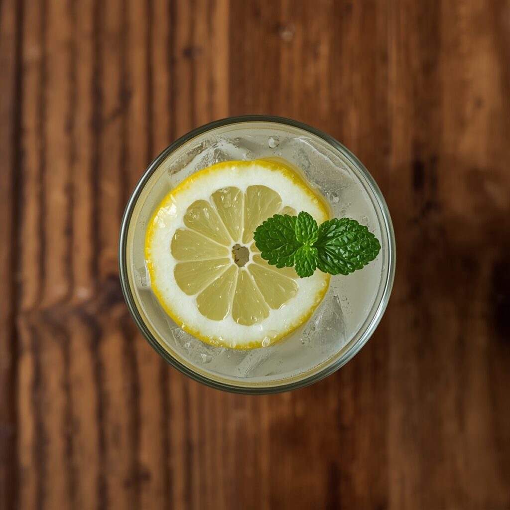 A glass of sugar free lemonade with a lemon slice and mint garnish on a wooden table