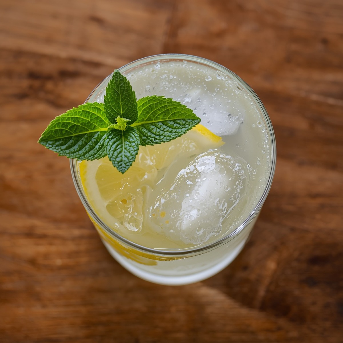 A glass of sugar free lemonade with a lemon slice and mint garnish on a wooden table