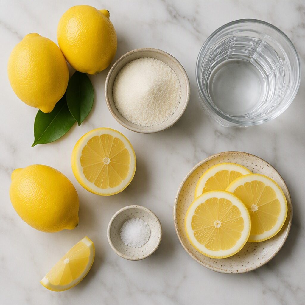 Overhead flat lay of sugar free lemonade ingredients — lemons, a bowl of monk fruit sweetener, water, and salt