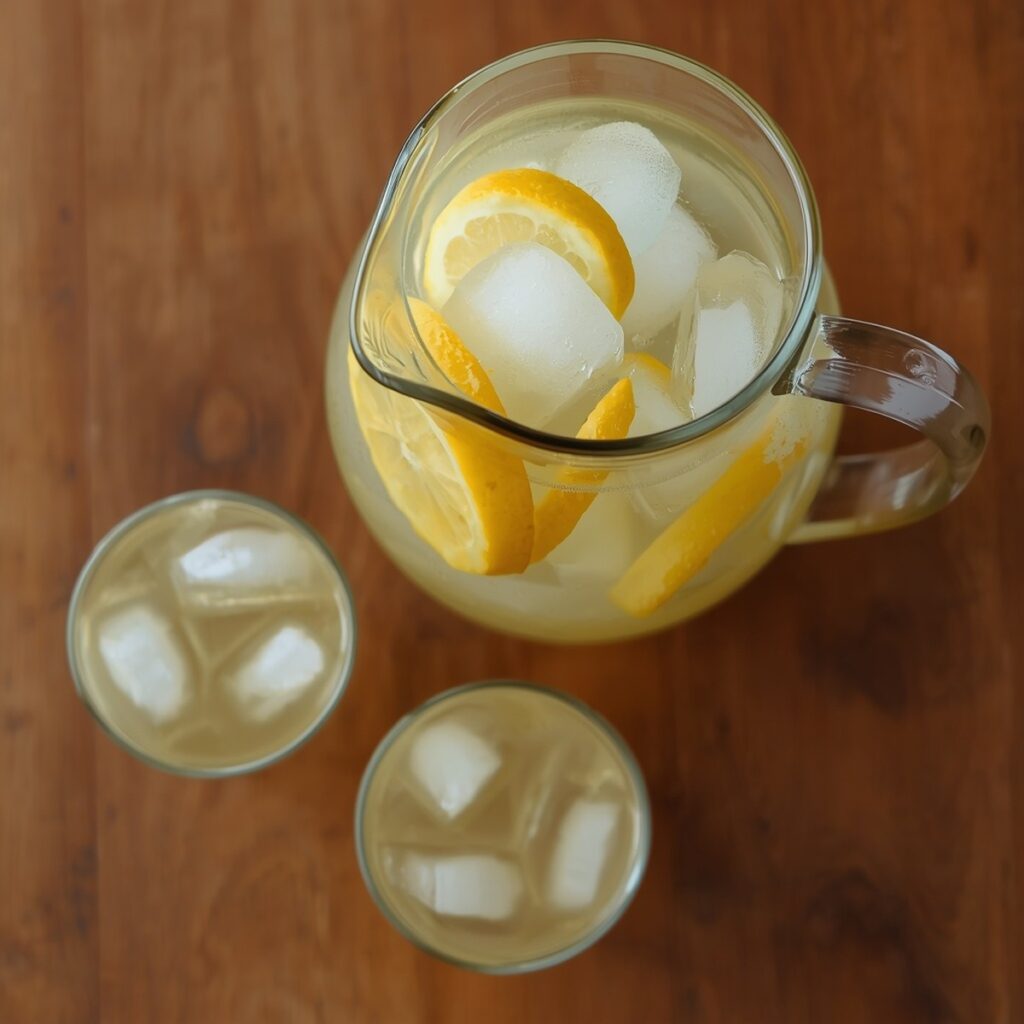 A pitcher of sugar free lemonade with lemon slices and ice, next to two filled glasses