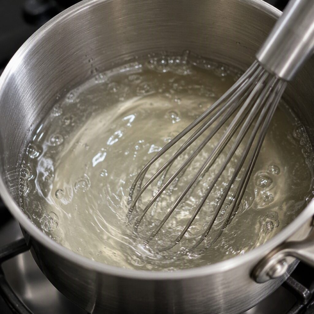 Sugar free simple syrup being stirred in a small saucepan