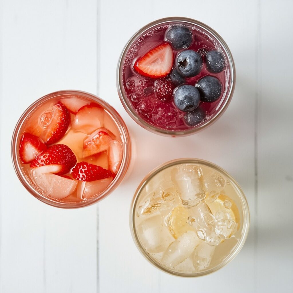 Overhead shot of three sugar free lemonade variations — strawberry, blueberry, and sparkling