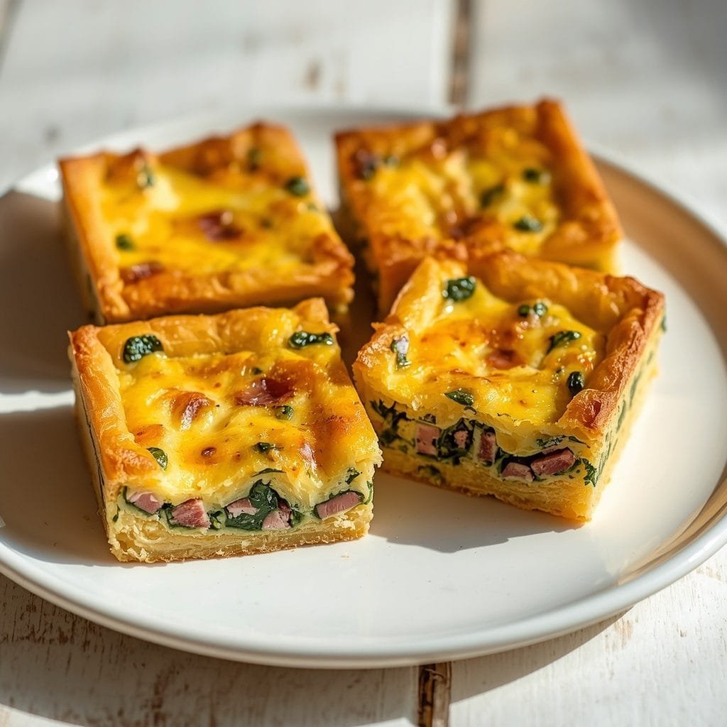 Sliced squares of turkey ham and spinach puff pastry breakfast quiche on a white plate
