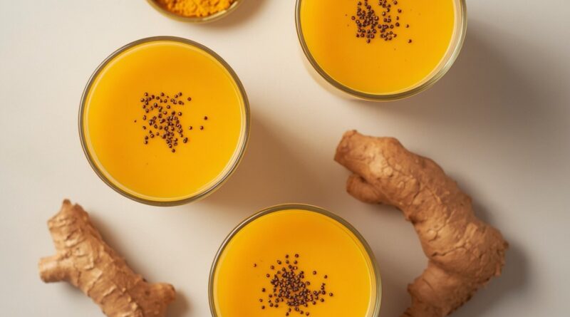 Turmeric shots in small glasses garnished with black pepper, fresh turmeric root and ginger nearby