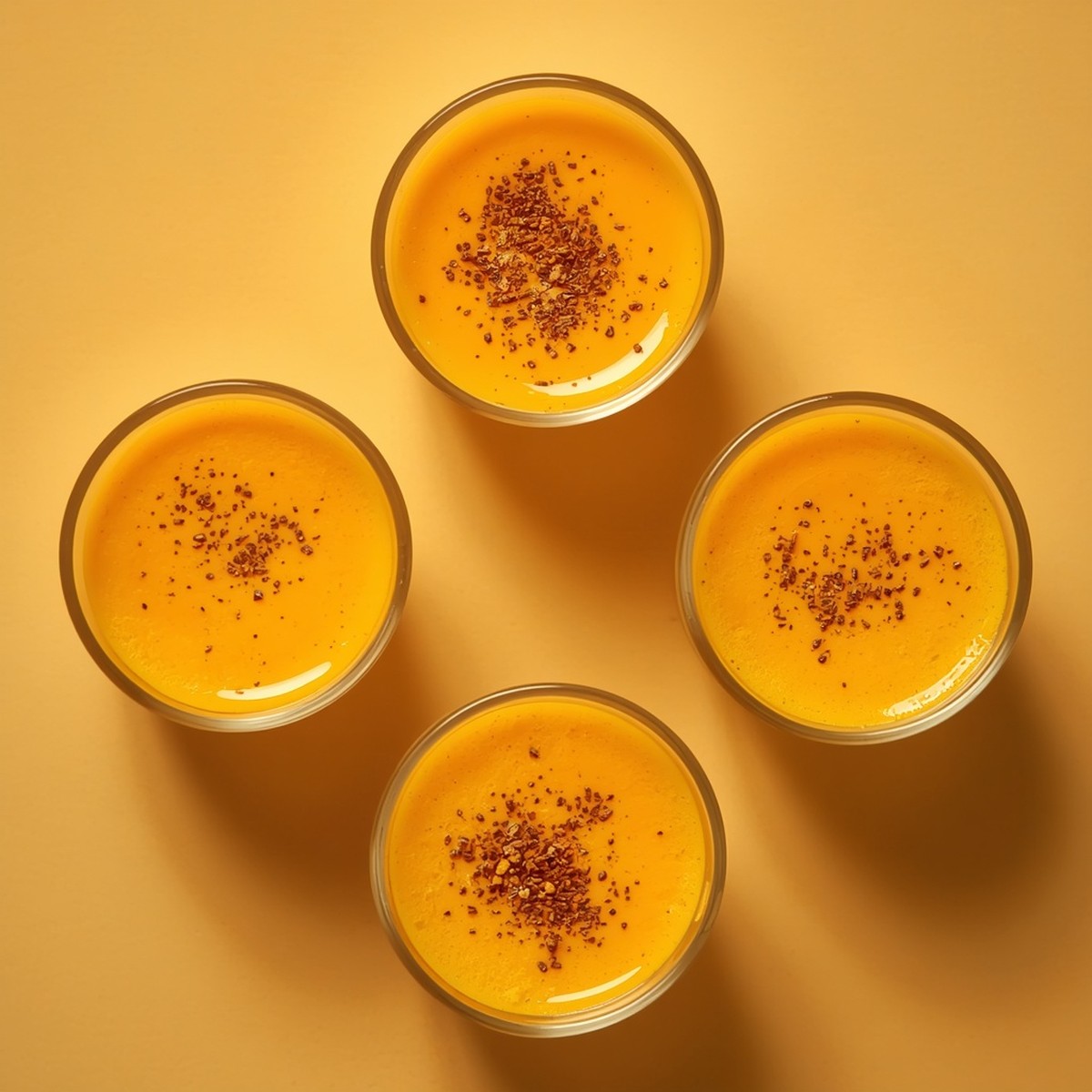 Turmeric shots in small glasses garnished with black pepper, vivid orange color