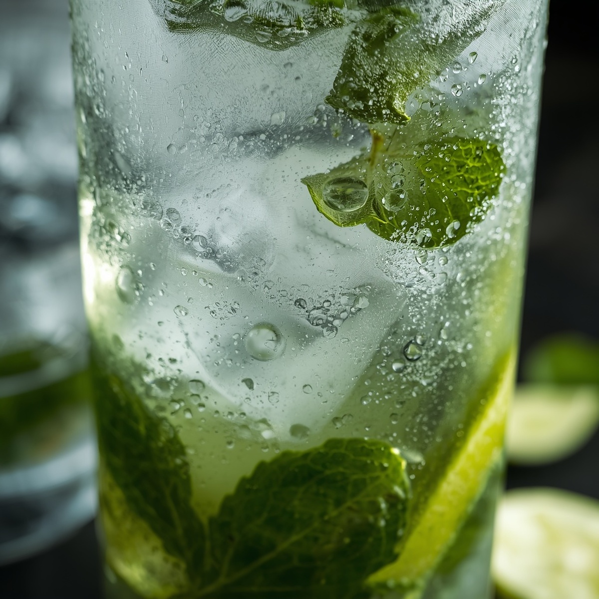 Virgin mojito mocktail with muddled mint and lime in a glass