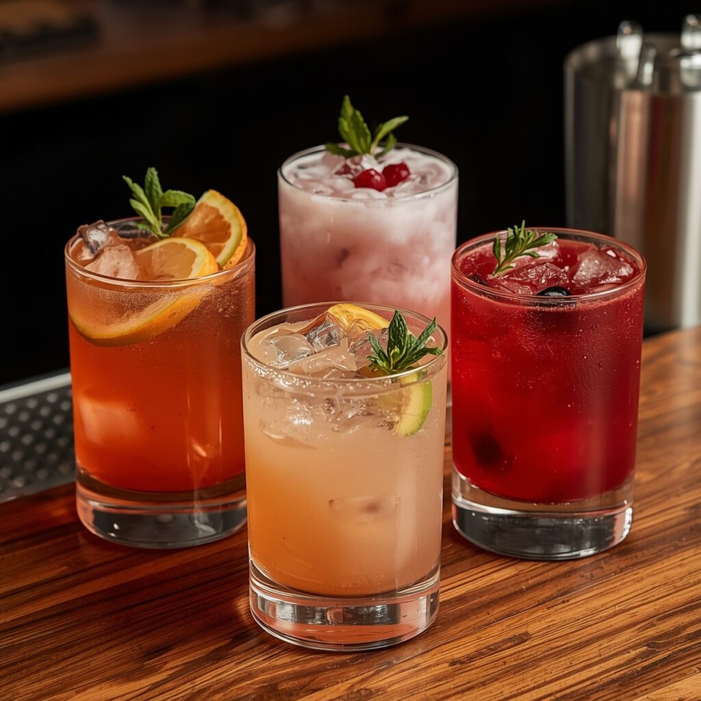 Assorted colorful mocktails in glasses garnished with fresh fruit and herbs on a wooden bar counter