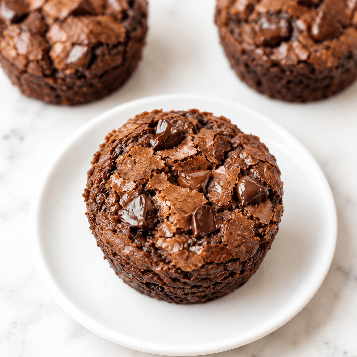 Close-up of a single fudgy brownie bite with a crackly top and chocolate chip pieces