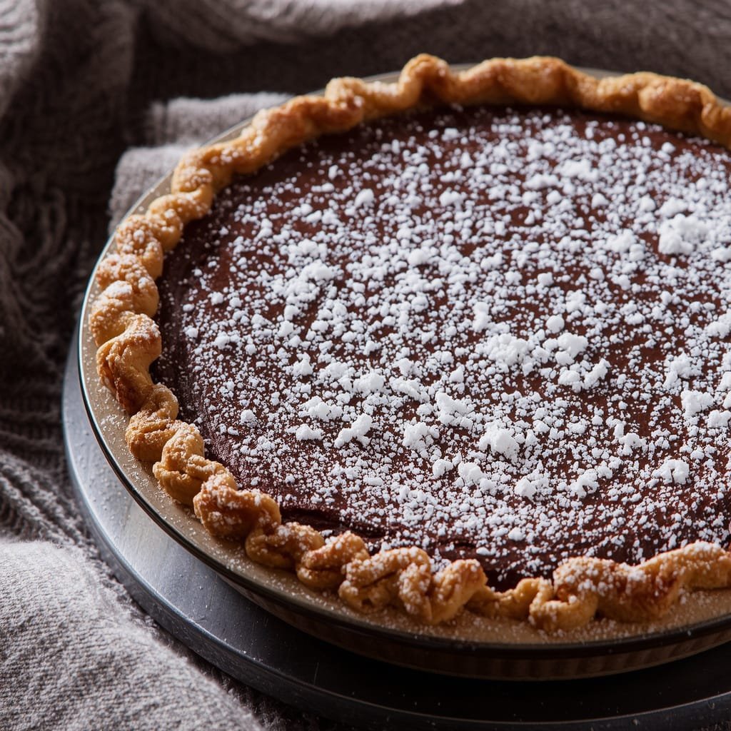 Decadent chocolate pie with a flaky crust and powdered sugar dusting