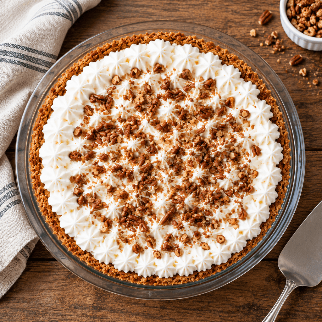 Whole butterscotch pie topped with whipped cream, ready to slice