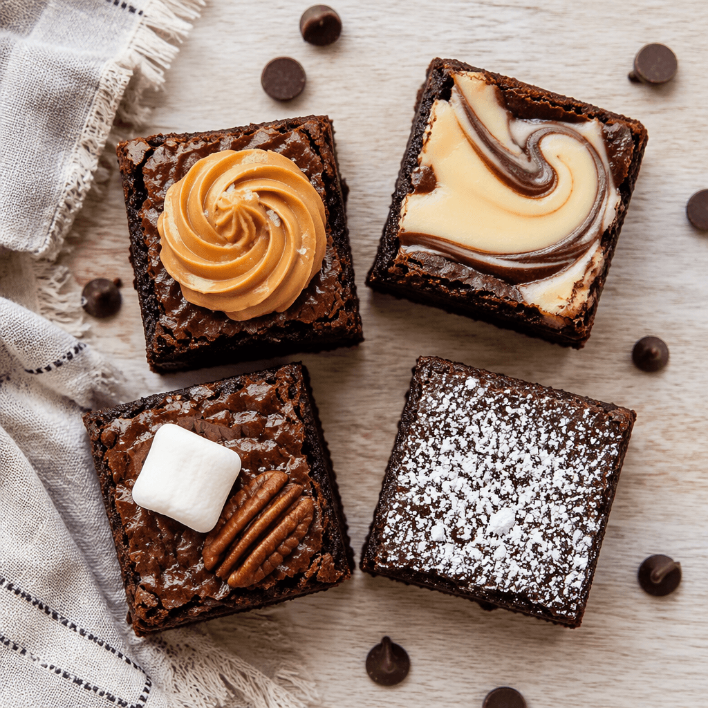Brownie bites variations including peanut butter stuffed and cheesecake swirl toppings