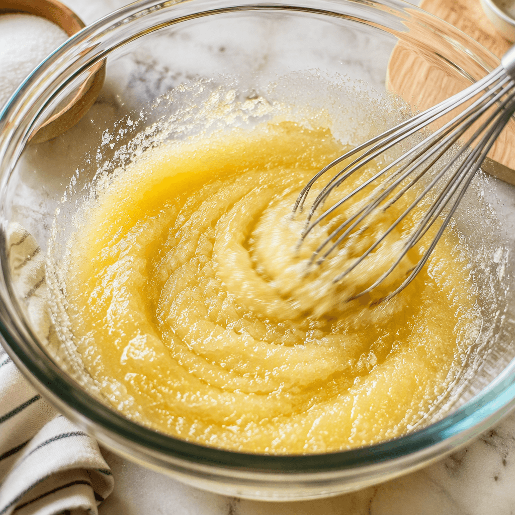 Melted butter and sugar being whisked together in a glass mixing bowl for brownie bite batter