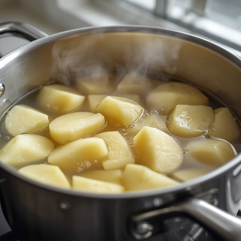 Yukon Gold potatoes simmering in salted water for mashed potatoes