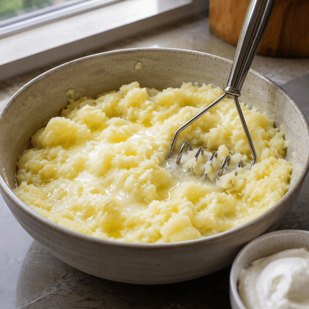 mashed potatoes being gently mixed with warm butter and milk