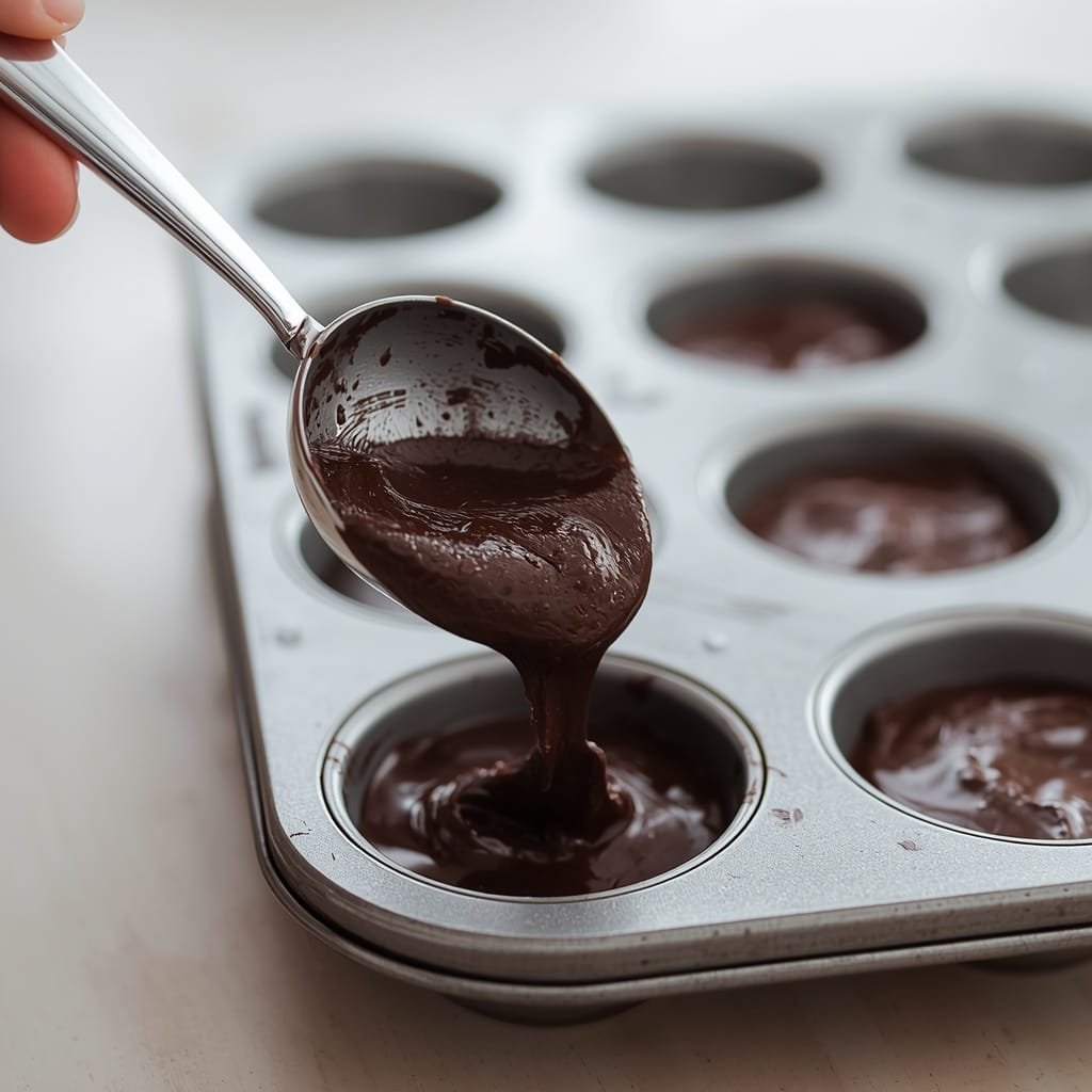 Chocolate brownie batter being scooped into a greased mini muffin pan with a small cookie scoop