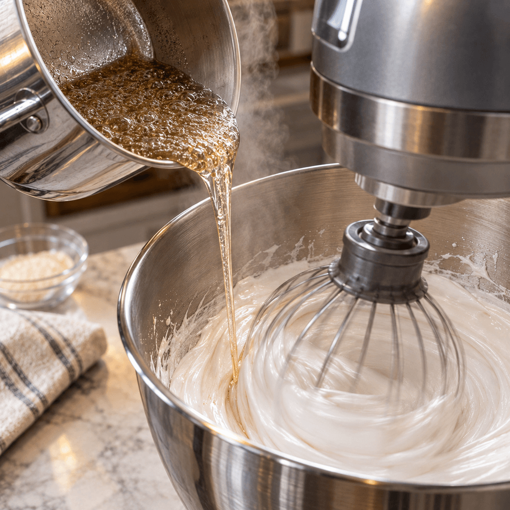 Hot sugar syrup being added to gelatin for marshmallow mixture