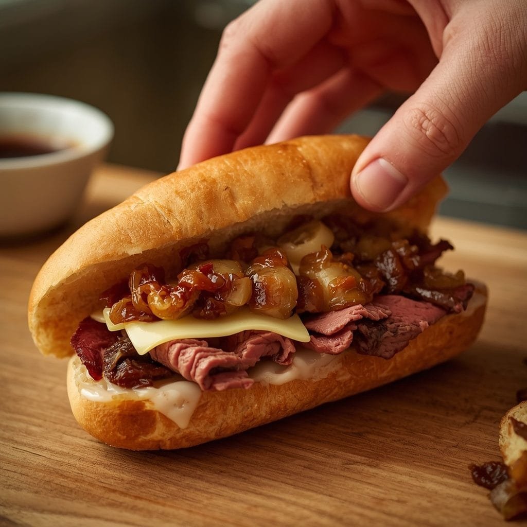 Thinly sliced roast beef, caramelized onions, and provolone being added to a French dip sandwich