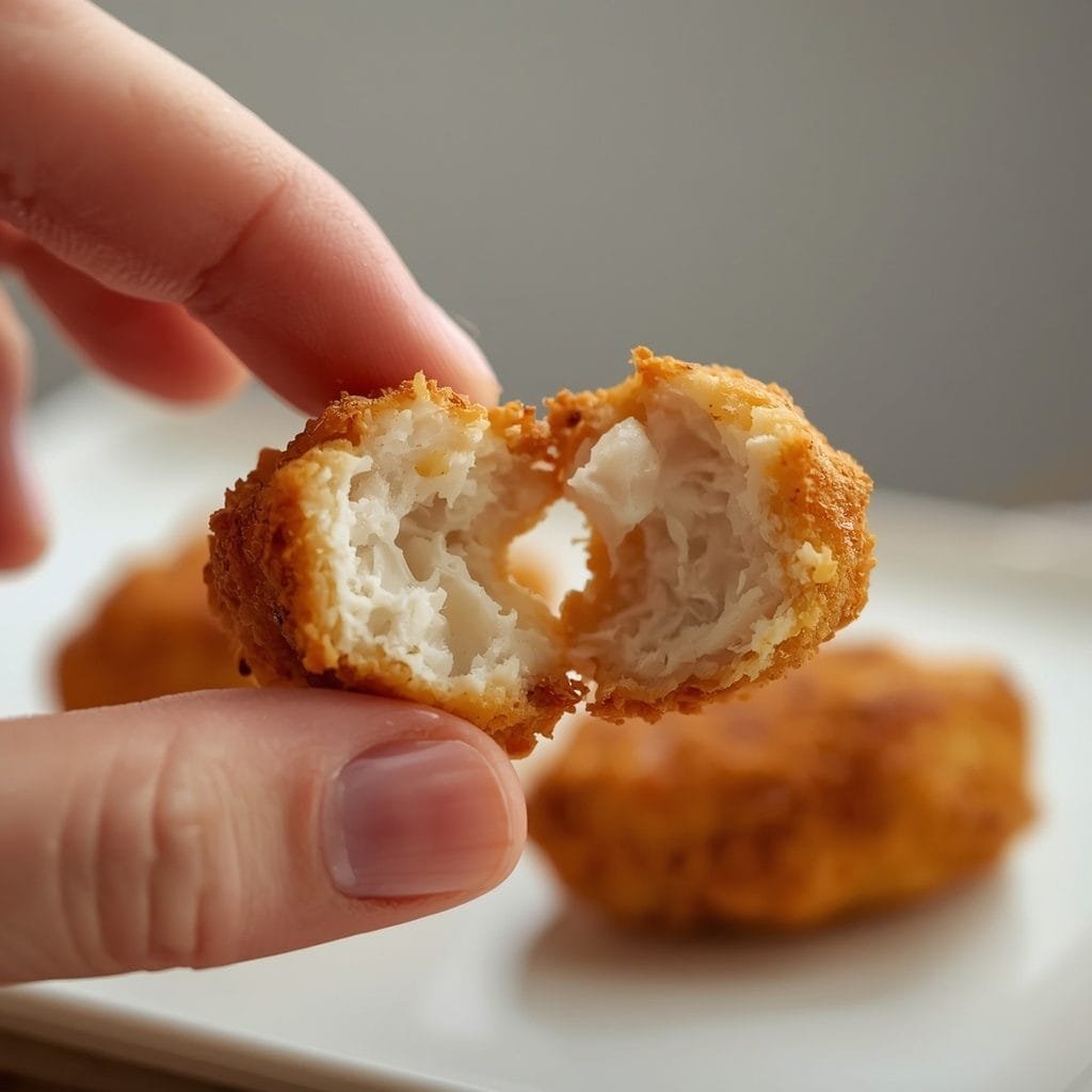 Baked chicken nugget broken in half showing the juicy interior