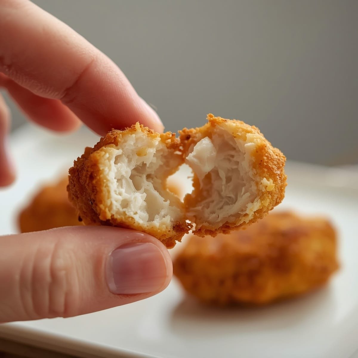 Baked chicken nugget broken in half showing the juicy interior