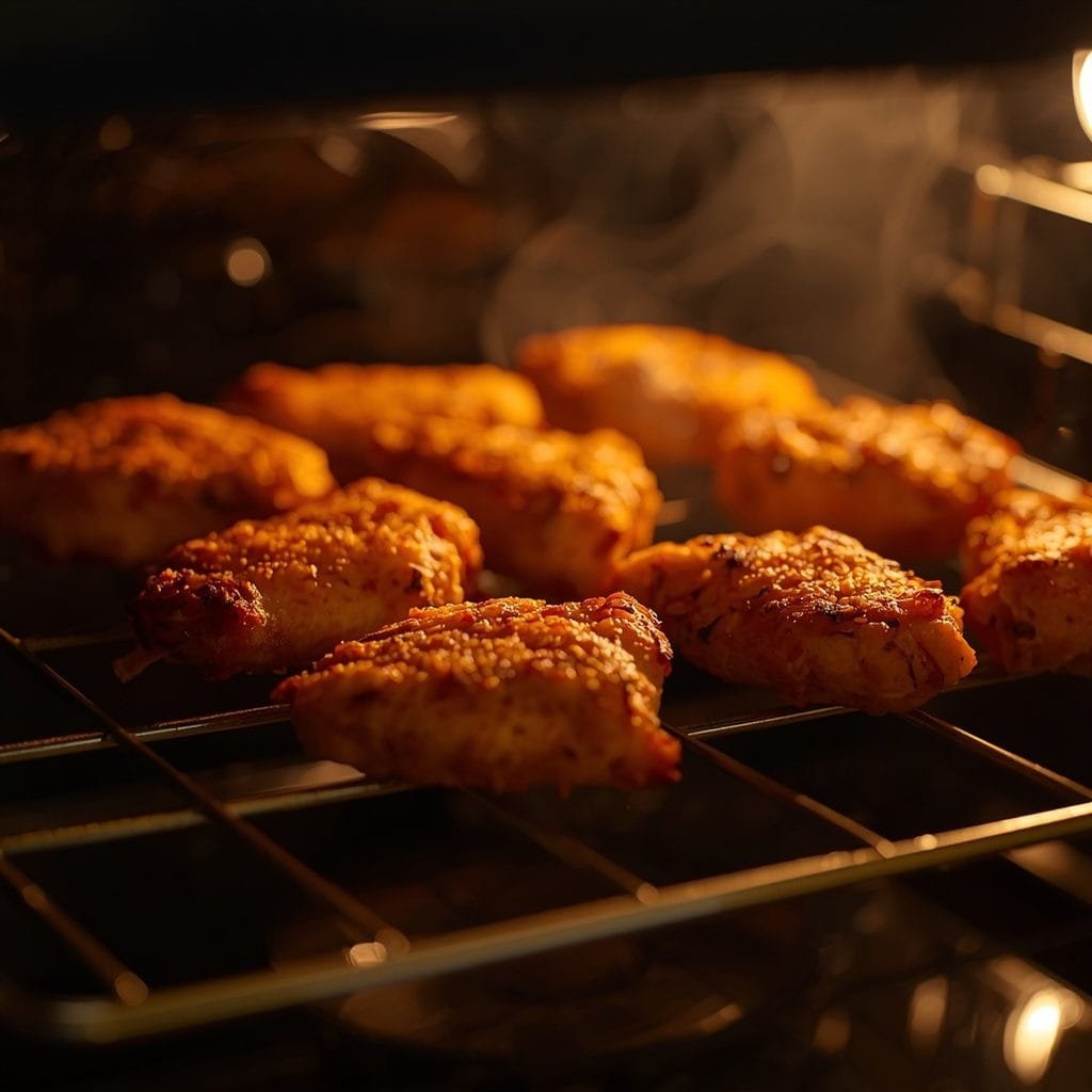 Chicken nuggets baking in the oven with golden, crispy edges