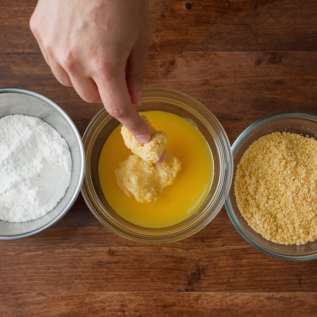Shaped chicken nugget patties being coated in flour, egg wash, and panko breadcrumbs